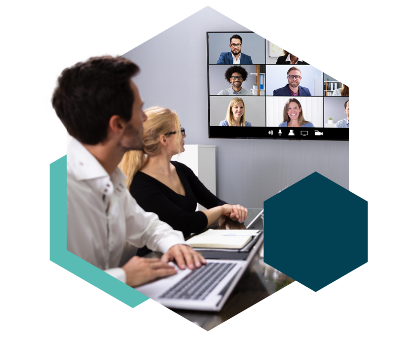 People in virtual meeting on computers
